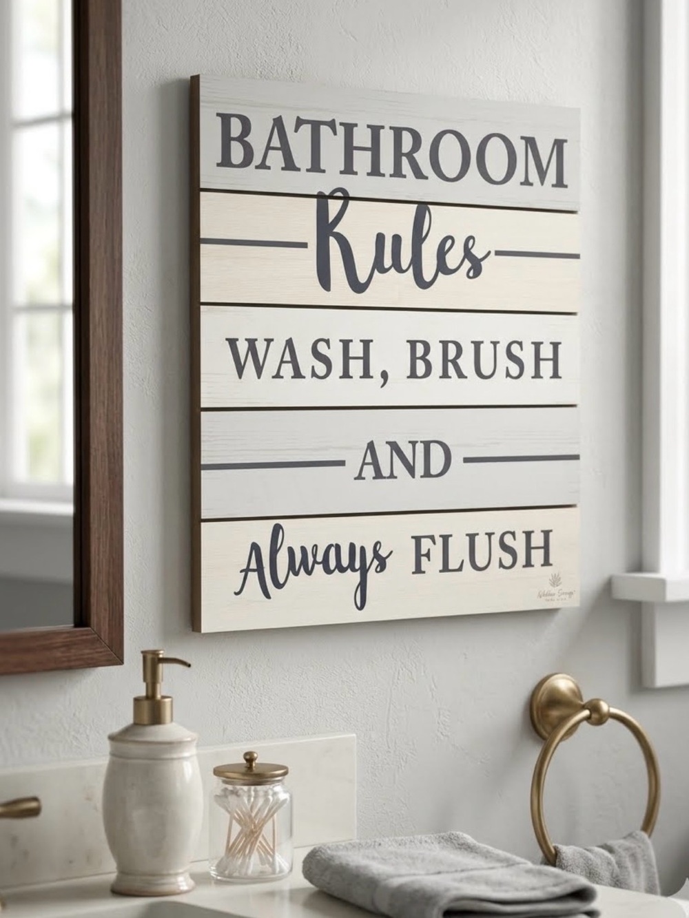 Willow Spring Bathroom Rules Sign Wash Brush Always Flush Cream Blue Grey